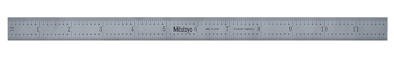 Mitutoyo, 182-121, 12 In, 4R Steel Rule, 1 In  Wide, Rigid, Satin Chrome Finish Tempered Stainless Steel, (1/8, 1/16, 1/32, 1/64)
