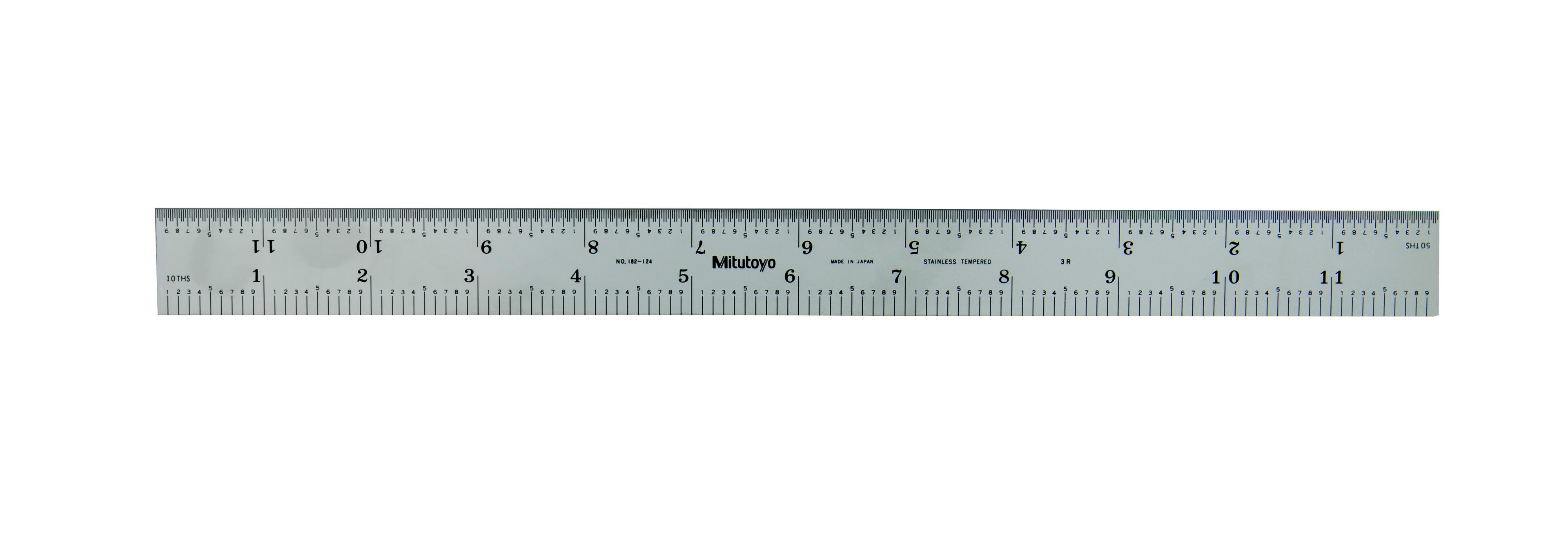 Mitutoyo, 182-124, 12 In, 3R Steel Rule, 1 In  Wide, Rigid, Satin Chrome Finish Tempered Stainless Steel, (1/32, 1/64, 1/10, 1/50)