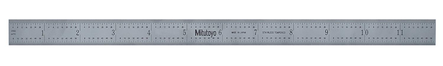 Mitutoyo, 182-125, 12 In, 300mm Steel Rule, 1 In  Wide, Rigid, Satin Chrome Finish Tempered Stainless Steel, (1/32, 1/64, 1mm, 0.5mm)