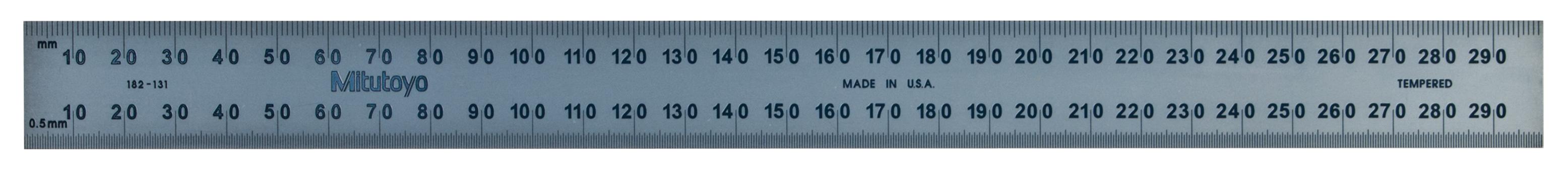 Mitutoyo, 182-131, 300mm Steel Rule, 25mm  Wide, Rigid, Satin Chrome Finish Tempered Stainless Steel, (1mm, 0.5mm, 1mm, 0.5mm)