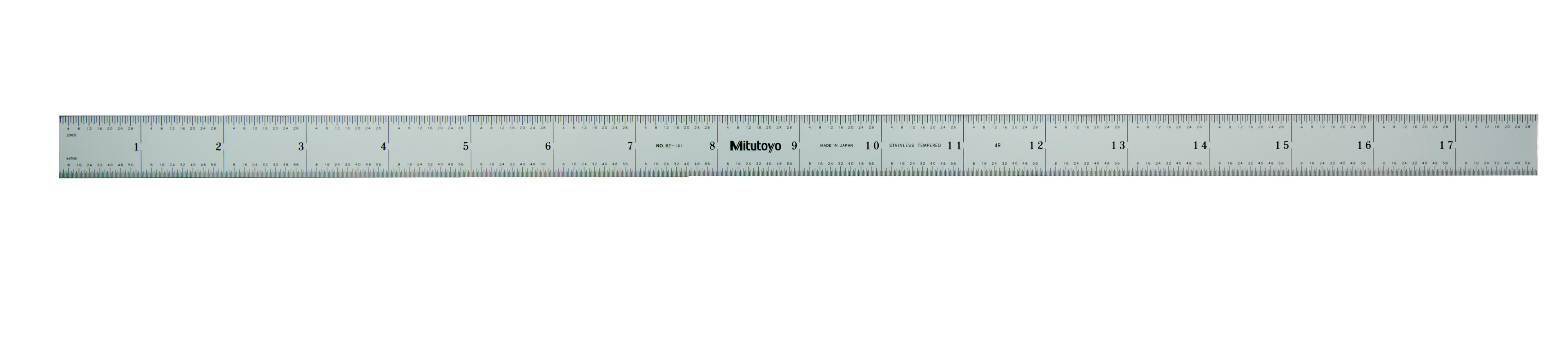 Mitutoyo, 182-141, 18 In, 4R Steel Rule, 1  3/16 In  Wide, Rigid, Satin Chrome Finish Tempered Stainless Steel, (1/8, 1/16, 1/32, 1/64)