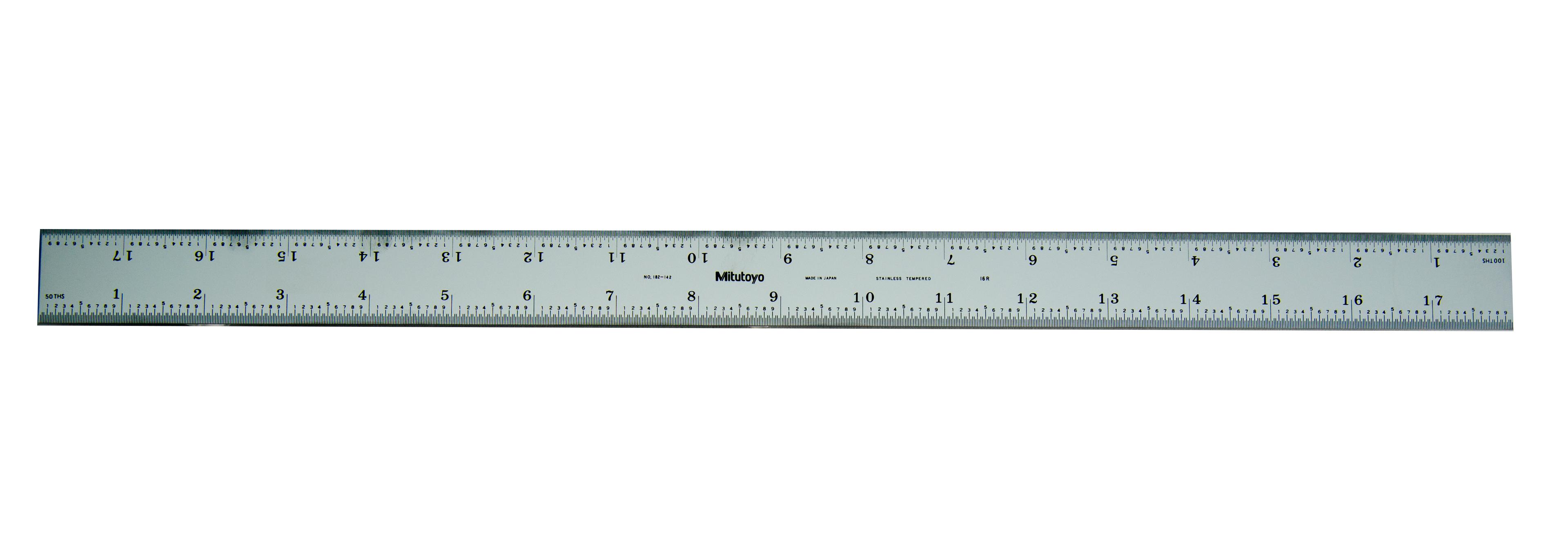 Mitutoyo, 182-142, 18 In, 16R Steel Rule, 1  3/16 In  Wide, Rigid, Satin Chrome Finish Tempered Stainless Steel, (1/32, 1/64, 1/50, 1/100)