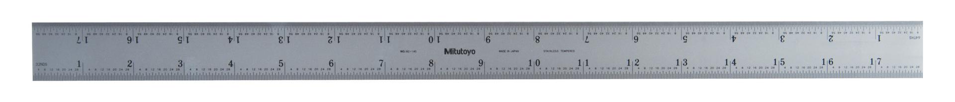 Mitutoyo, 182-145, 18 In, 450mm Steel Rule, 1  3/16 In  Wide, Rigid, Satin Chrome Finish Tempered Stainless Steel, (1/32, 1/64, 1mm, 0.5mm)