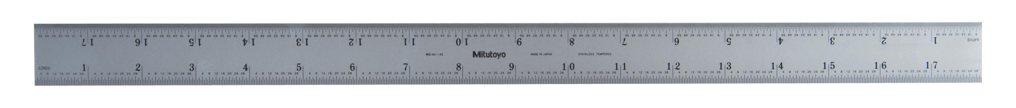 Mitutoyo, 182-145, 18 In, 450mm Steel Rule, 1  3/16 In  Wide, Rigid, Satin Chrome Finish Tempered Stainless Steel, (1/32, 1/64, 1mm, 0.5mm)