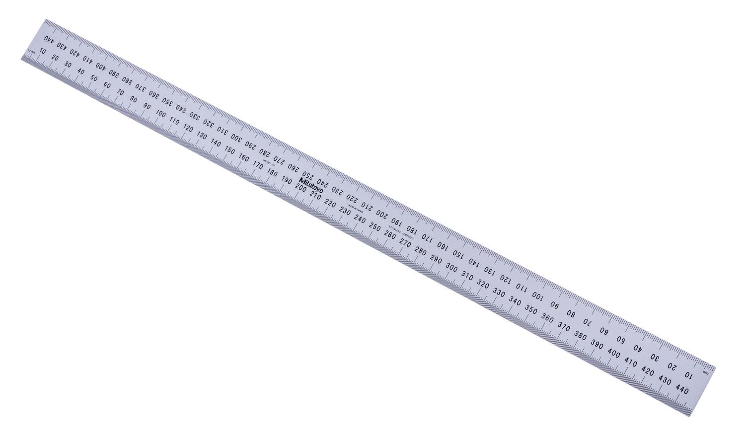 Mitutoyo, 182-151, 450mm Steel Rule, Flexible, Satin Chrome Finish Tempered Stainless Steel, (1mm, 0.5mm, 1mm, 0.5mm, 30mm)