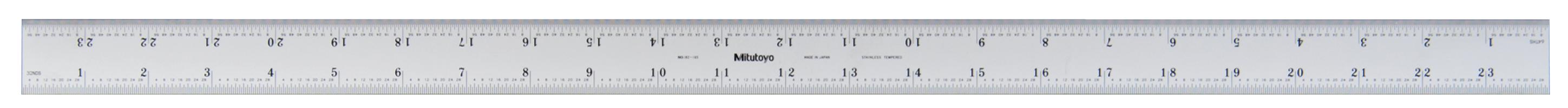 Mitutoyo, 182-165, 24 In, 600mm Steel Rule, 13/16 In  Wide, Rigid, Satin Chrome Finish Tempered Stainless Steel, (1/32, 1/64, 1mm, 0.5mm)