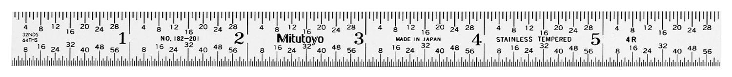 Mitutoyo, 182-201, 6 In, 4R Steel Rule, 1/2 In  Wide, Flexible, Satin Chrome Finish Tempered Stainless Steel, (1/8, 1/16, 1/32, 1/64)