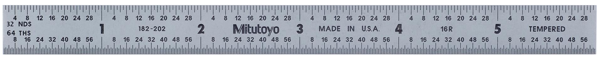 Mitutoyo, 182-202, 6 In, 16R Steel Rule, 1/2 In  Wide, Flexible, Satin Chrome Finish Tempered Stainless Steel, (1/32, 1/64, 1/50, 1/100)