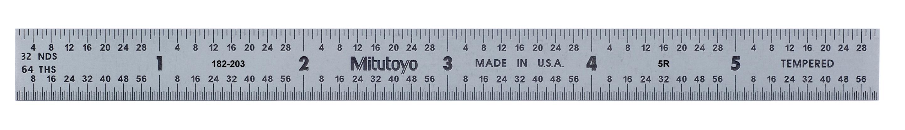 Mitutoyo, 182-203, 6 In, 5R Steel Rule, 1/2 In  Wide, Flexible, Satin Chrome Finish Tempered Stainless Steel, (1/32, 1/64, 1/10, 1/100)