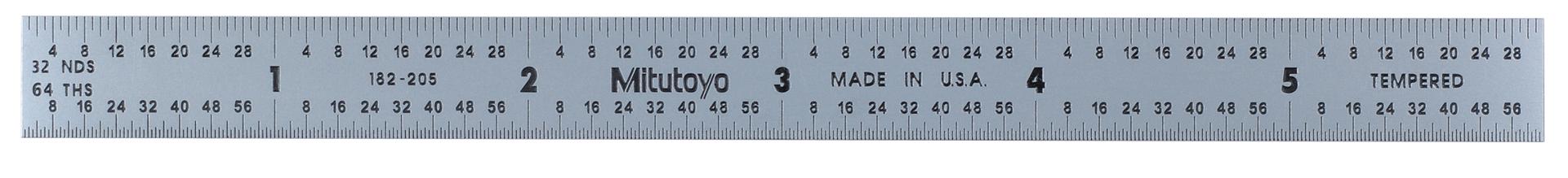 Mitutoyo, 182-205, 6 In, 150mm Steel Rule, 1/2 In  Wide, Flexible, Satin Chrome Finish Tempered Stainless Steel, (1/32, 1/64, 1mm, 0.5mm)