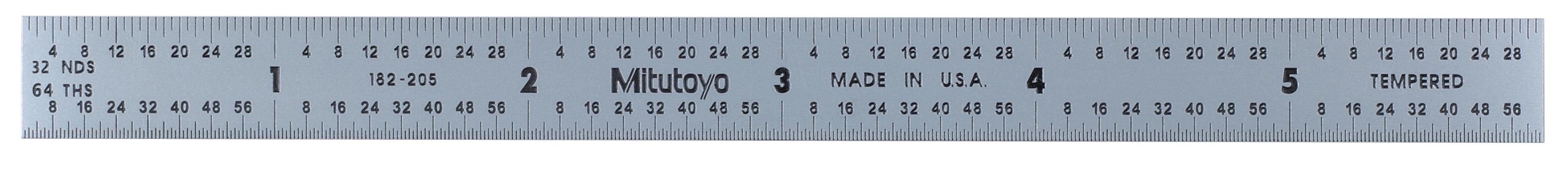 Mitutoyo, 182-205, 6 In, 150mm Steel Rule, 1/2 In  Wide, Flexible, Satin Chrome Finish Tempered Stainless Steel, (1/32, 1/64, 1mm, 0.5mm)