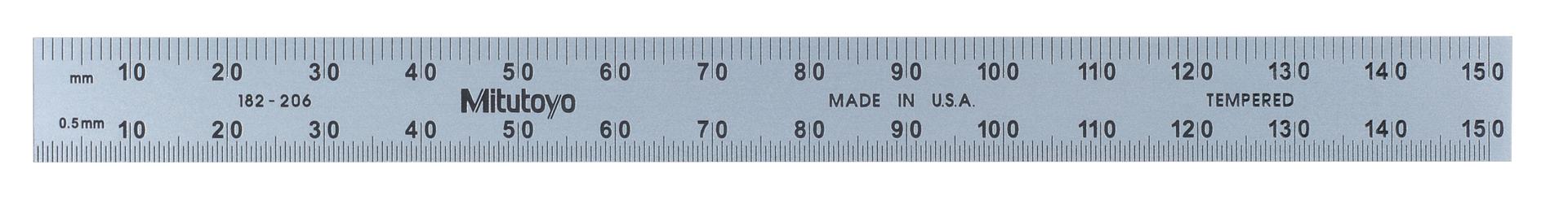 Mitutoyo, 182-206, 6 In, 150mm Steel Rule, 1/2 In  Wide, Flexible, Satin Chrome Finish Tempered Stainless Steel, (1/50, 1/100, 1mm, 0.5mm)