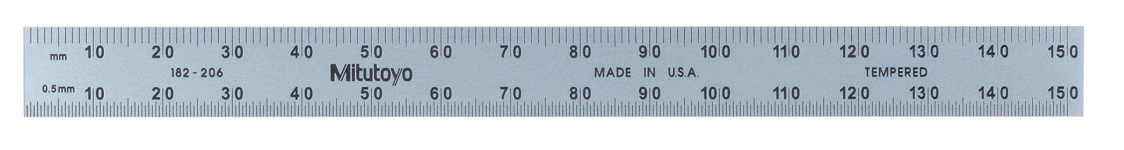 Mitutoyo, 182-206, 6 In, 150mm Steel Rule, 1/2 In  Wide, Flexible, Satin Chrome Finish Tempered Stainless Steel, (1/50, 1/100, 1mm, 0.5mm)