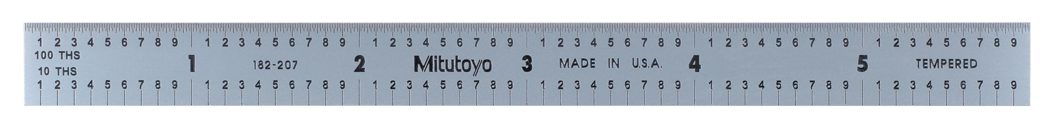Mitutoyo, 182-207, 6 In, 150mm Steel Rule, 1/2 In  Wide, Flexible, Satin Chrome Finish Tempered Stainless Steel, (1/10, 1/100, 1mm, 0.5mm)