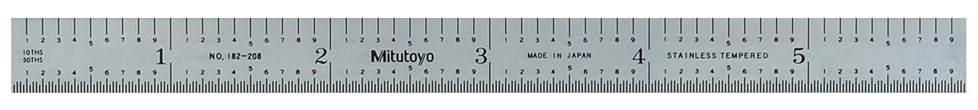 Mitutoyo, 182-208, 6 In, 150mm Steel Rule, 1/2 In  Wide, Flexible, Satin Chrome Finish Tempered Stainless Steel, (1/10, 1/50, 1mm, 0.5mm)