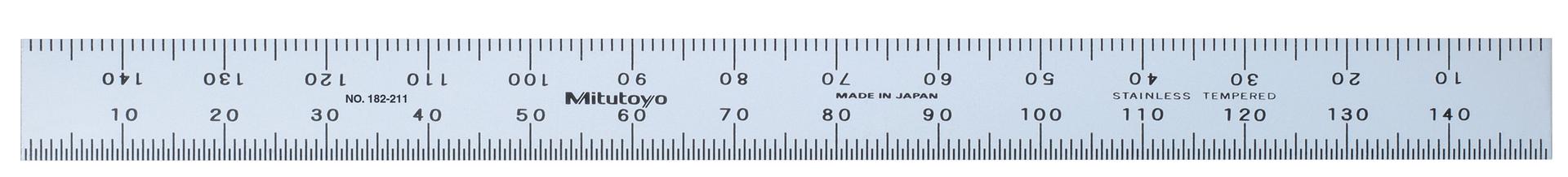Mitutoyo, 182-211, 150mm Steel Rule, 12mm  Wide, Flexible, Satin Chrome Finish Tempered Stainless Steel, (1mm, 0.5mm, 1mm, 0.5mm)