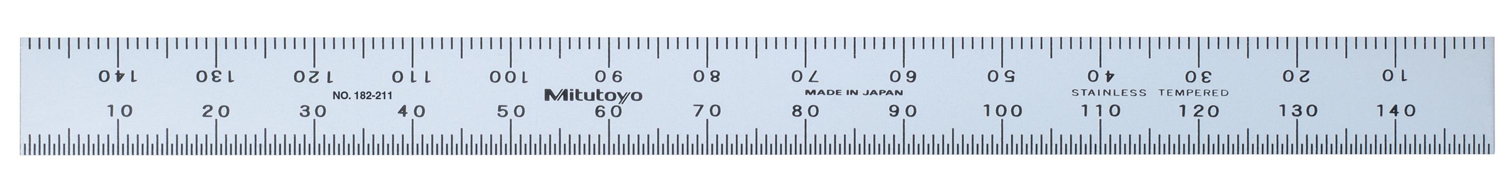 Mitutoyo, 182-211, 150mm Steel Rule, 12mm  Wide, Flexible, Satin Chrome Finish Tempered Stainless Steel, (1mm, 0.5mm, 1mm, 0.5mm)