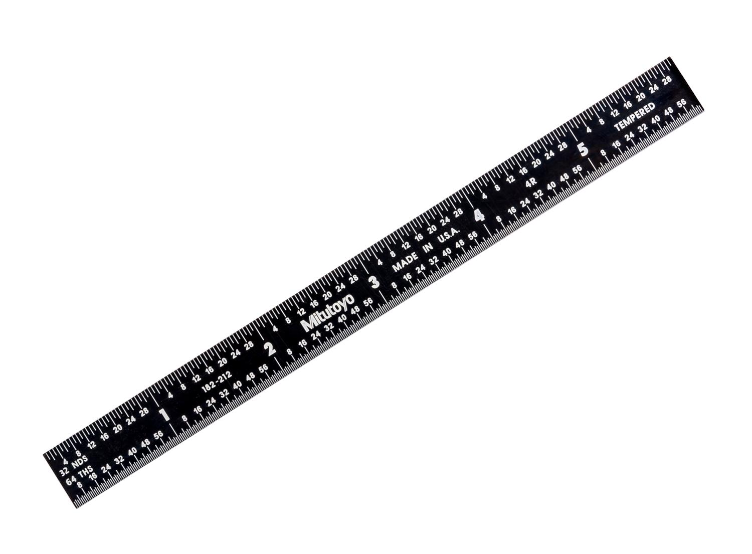 Mitutoyo, 182-212, 6 In, 4R Steel Rule, 1/2 In  Wide, Flexible, Black Chrome Finish tempered Stainless Steel, (1/8, 1/16, 1/32, 1/64)