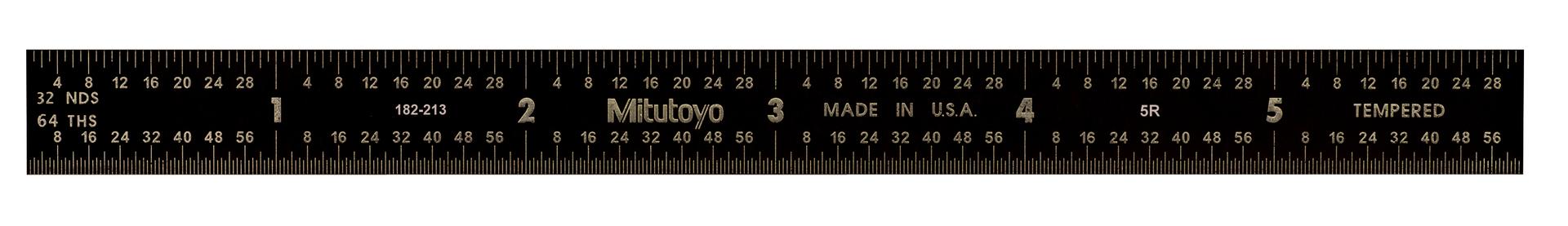 Mitutoyo, 182-213, 6 In, 5R Steel Rule, 1/2 In  Wide, Flexible, Black Chrome Finish tempered Stainless Steel, (1/32, 1/64, 1/10, 1/100)