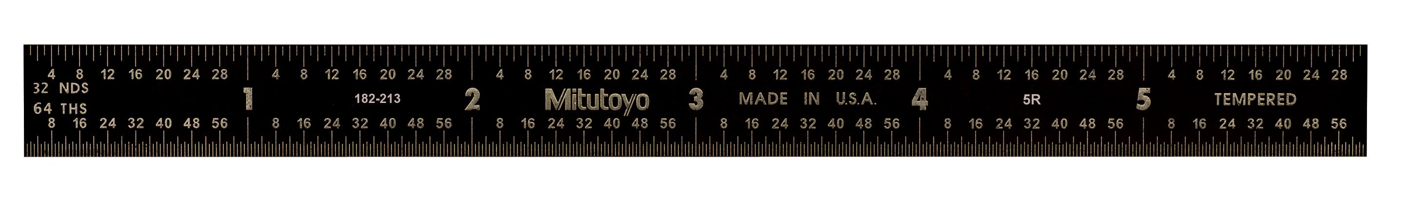Mitutoyo, 182-213, 6 In, 5R Steel Rule, 1/2 In  Wide, Flexible, Black Chrome Finish tempered Stainless Steel, (1/32, 1/64, 1/10, 1/100)