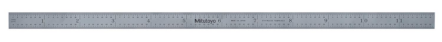 Mitutoyo, 182-222, 12 In, 16R Steel Rule, 1/2 In  Wide, Flexible, Satin Chrome Finish Tempered Stainless Steel, (1/32, 1/64, 1/50, 1/100)