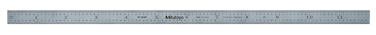 Mitutoyo, 182-225, 12 In, 300mm Steel Rule, 1/2 In  Wide, Flexible, Satin Chrome Finish Tempered Stainless Steel, (1/32, 1/64, 1mm, 0.5mm)