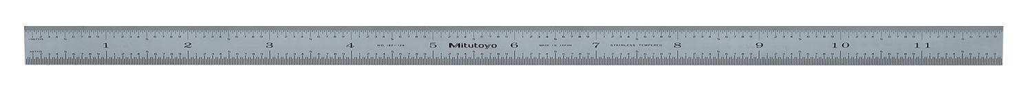 Mitutoyo, 182-226, 12 In, 300mm Steel Rule, 1/2 In  Wide, Flexible, Satin Chrome Finish Tempered Stainless Steel, (1/50, 1/100, 1mm, 0.5mm)