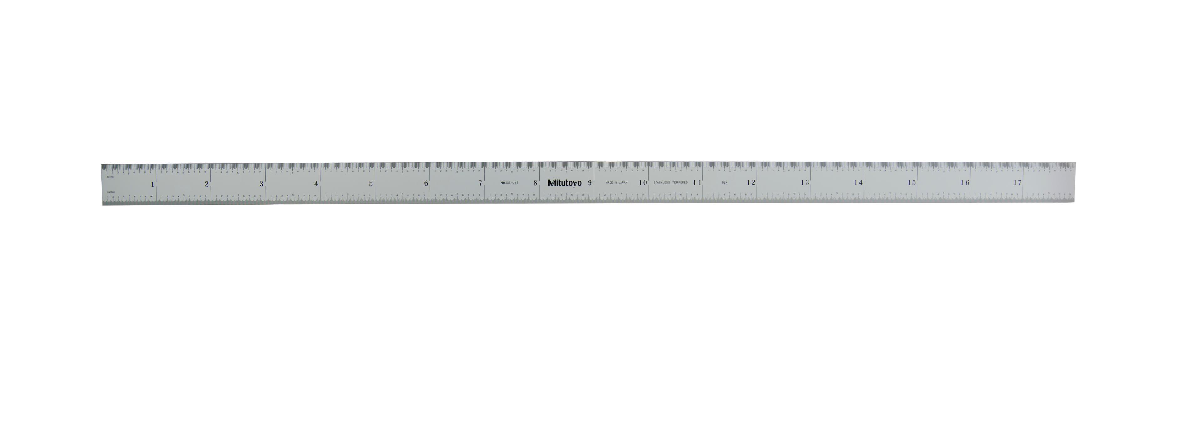 Mitutoyo, 182-242, 18 In, 5R Steel Rule, 3/4 In  Wide, Flexible, Satin Chrome Finish Tempered Stainless Steel, (1/32, 1/64, 1/10, 1/100)