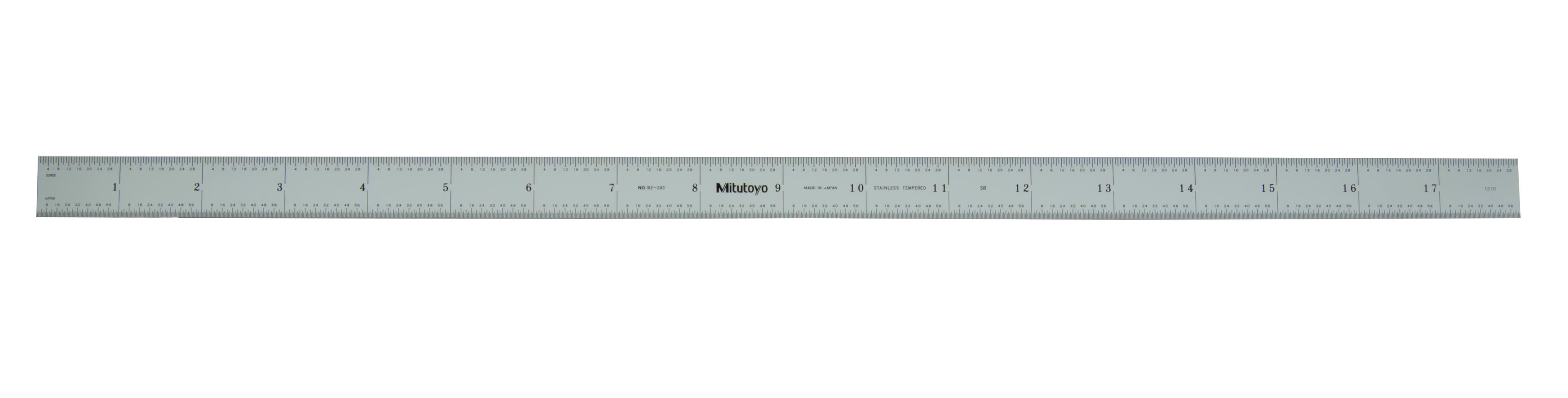 Mitutoyo, 182-243, 18 In, 3R Steel Rule, 3/4 In  Wide, Flexible, Satin Chrome Finish Tempered Stainless Steel, (1/32, 1/64, 1/10, 1/50)