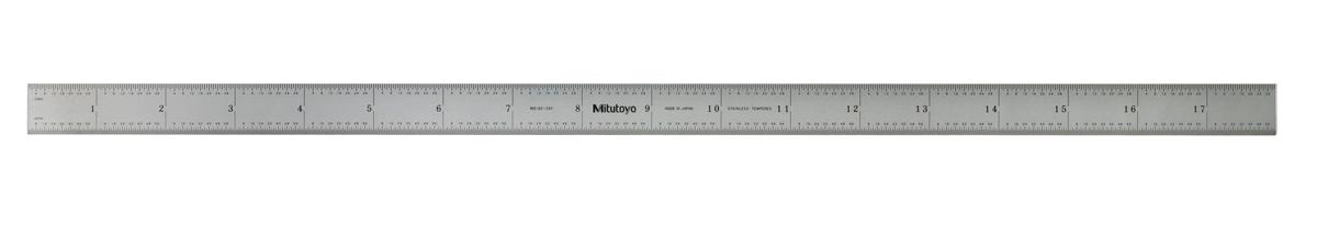 Mitutoyo, 182-245, 18 In, 450mm Steel Rule, 3/4 In  Wide, Flexible, Satin Chrome Finish Tempered Stainless Steel, (1/32, 1/64, 1mm, 0.5mm)
