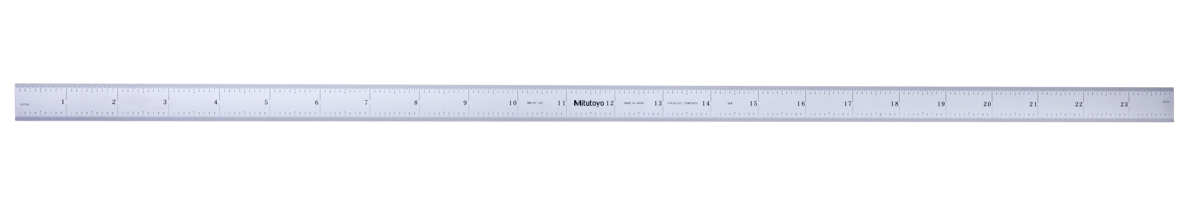 Mitutoyo, 182-262, Steel rule, 24 inch, 16R,  Flexible, Satin Chrome Finish Tempered Stainless Steel, (1/32, 1/64, 1/50, 1/100), width 3/4 inch