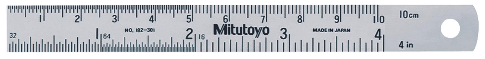 Mitutoyo, 182-301, 4 In, 100mm Steel Rule, 5/8 In  Wide, One-side, Semi-flexible, Satin Chrome Finish Tempered Stainless Steel, (1/16, 1/32, 1/64, 1mm, 0.5mm)