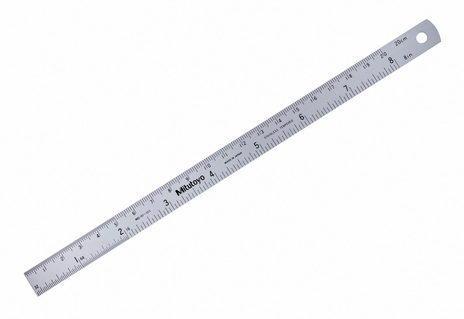 Mitutoyo, 182-303, 8 In, 200mm Steel Rule, 5/8 In  Wide, One-side, Semi-flexible, Satin Chrome Finish Tempered Stainless Steel, (1/16, 1/32, 1/64, 1mm, 0.5mm)