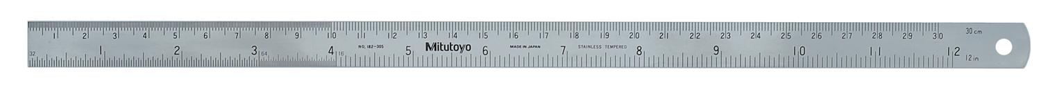Mitutoyo, 182-305, 12 In, 300mm Steel Rule, 5/8 In  Wide, One-side, Semi-flexible, Satin Chrome Finish Tempered Stainless Steel, (1/16, 1/32, 1/64, 1mm, 0.5mm)