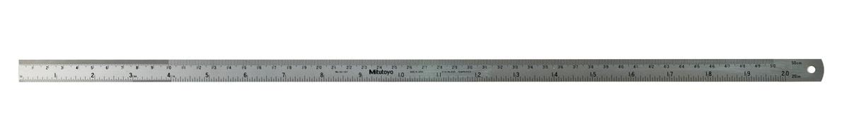 Mitutoyo, 182-307, 20 In, 500mm Steel Rule, 5/8 In  Wide, One-side, Semi-flexible, Satin Chrome Finish Tempered Stainless Steel, (1/16, 1/32, 1/64, 1mm, 0.5mm)