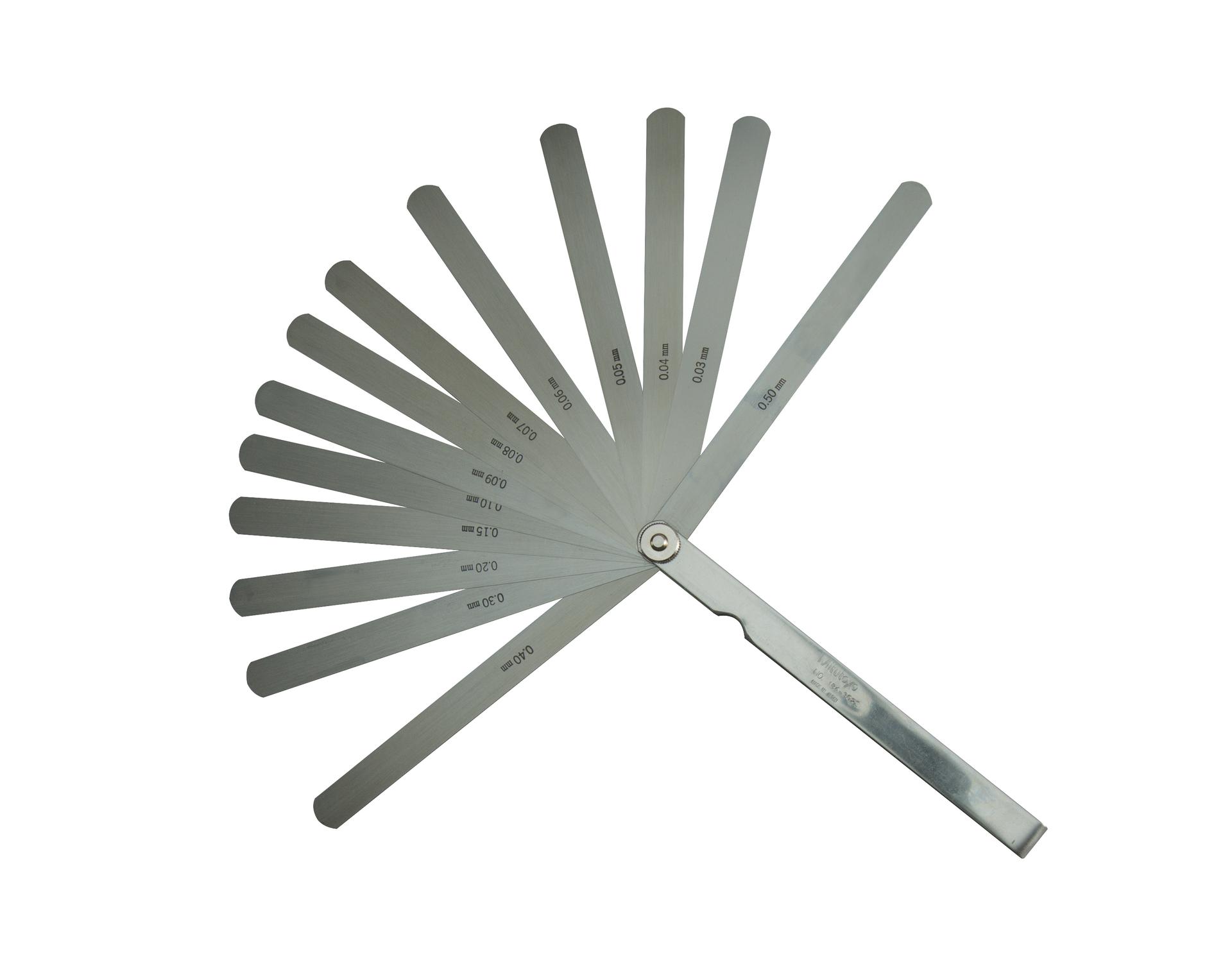 Mitutoyo, 184-302S, 0.03-0.5mm, 150mm Length, Thickness Gage Set, 13 Leaves (0.03-0.1mm by 0.01mm, 0.2-0.5mm by 0.1mm, 0.15mm)