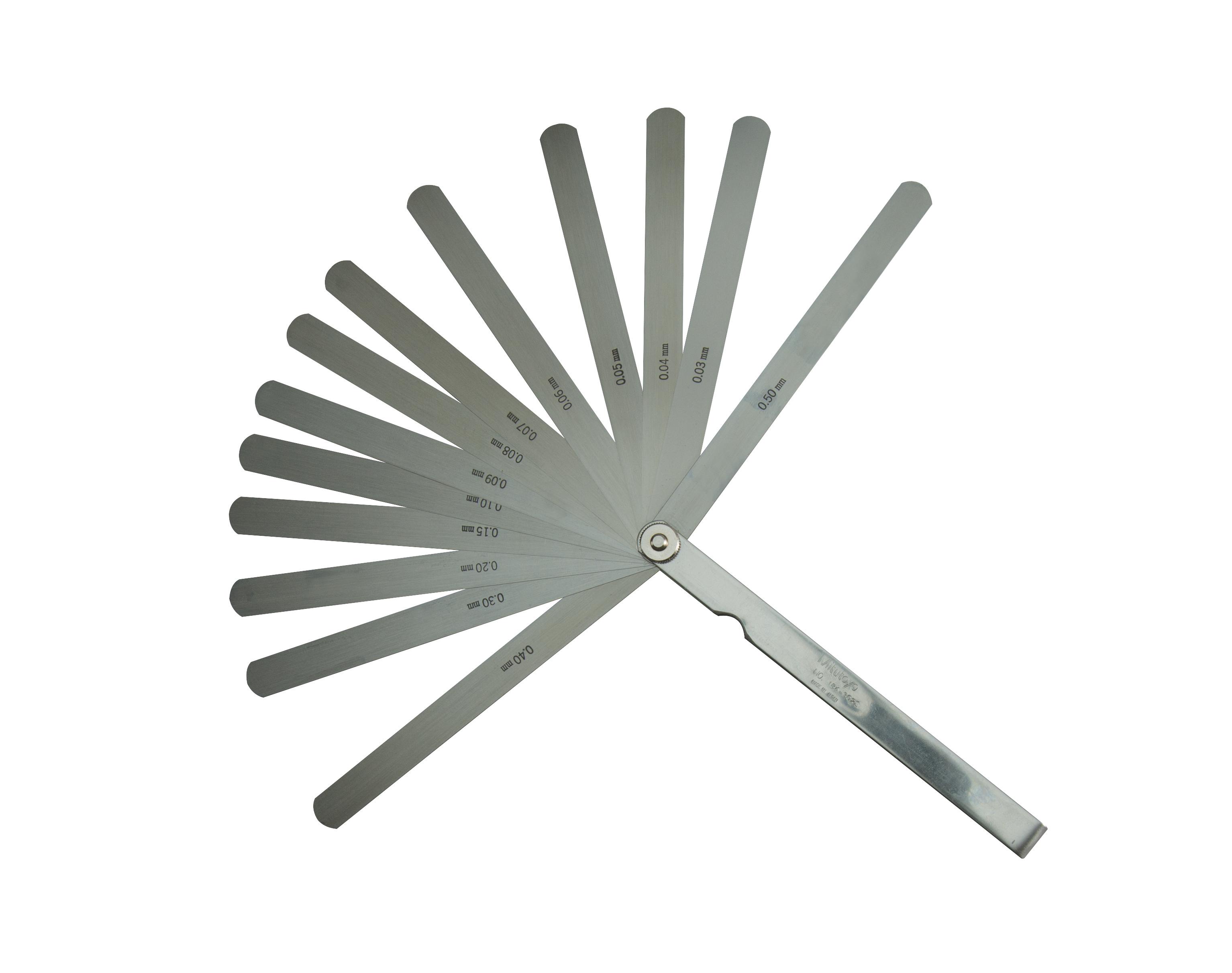 Mitutoyo, 184-302S, 0.03-0.5mm, 150mm Length, Thickness Gage Set, 13 Leaves (0.03-0.1mm by 0.01mm, 0.2-0.5mm by 0.1mm, 0.15mm)