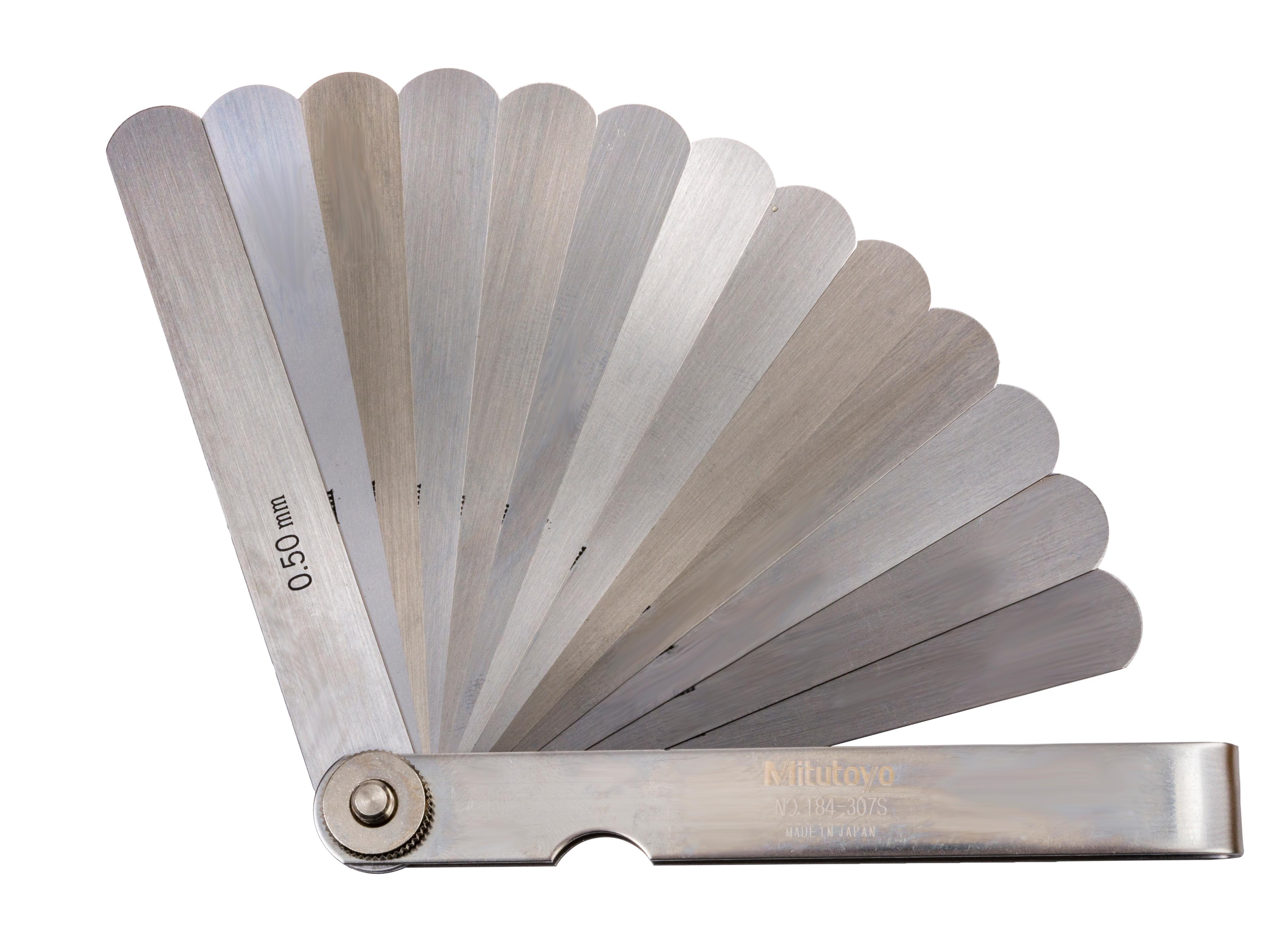 Mitutoyo, 184-307S, 0.03 - 0.5mm, 100mm length, Thickness Gage Set, 13 Leaves (0.03-0.1mm by 0.01mm, 0.2-0.5mm by 0.1mm, 0.15mm)