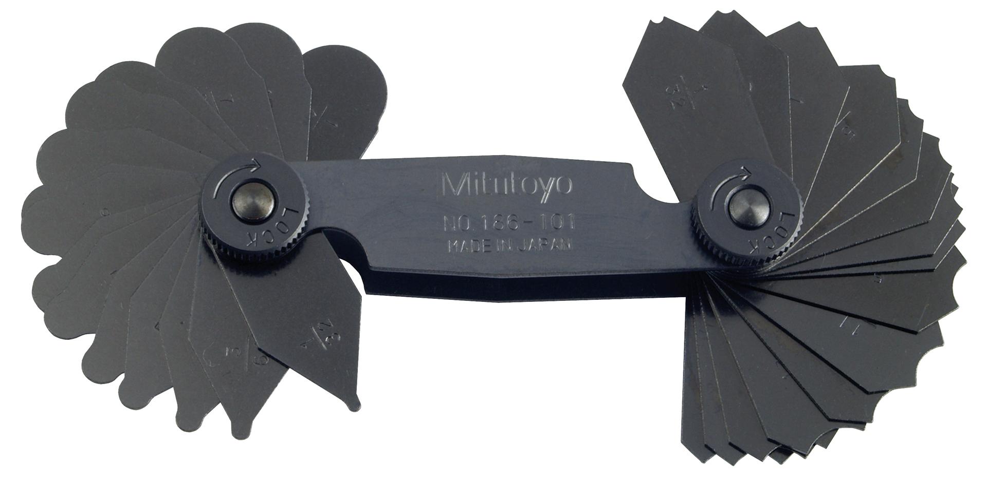 Mitutoyo, 186-101, 1/32-1/4 In, Concave/Convex Radius Gage Set, 15 Pairs of Leaves (1/32 In to 1/4 In by 64ths), Locking Clamp