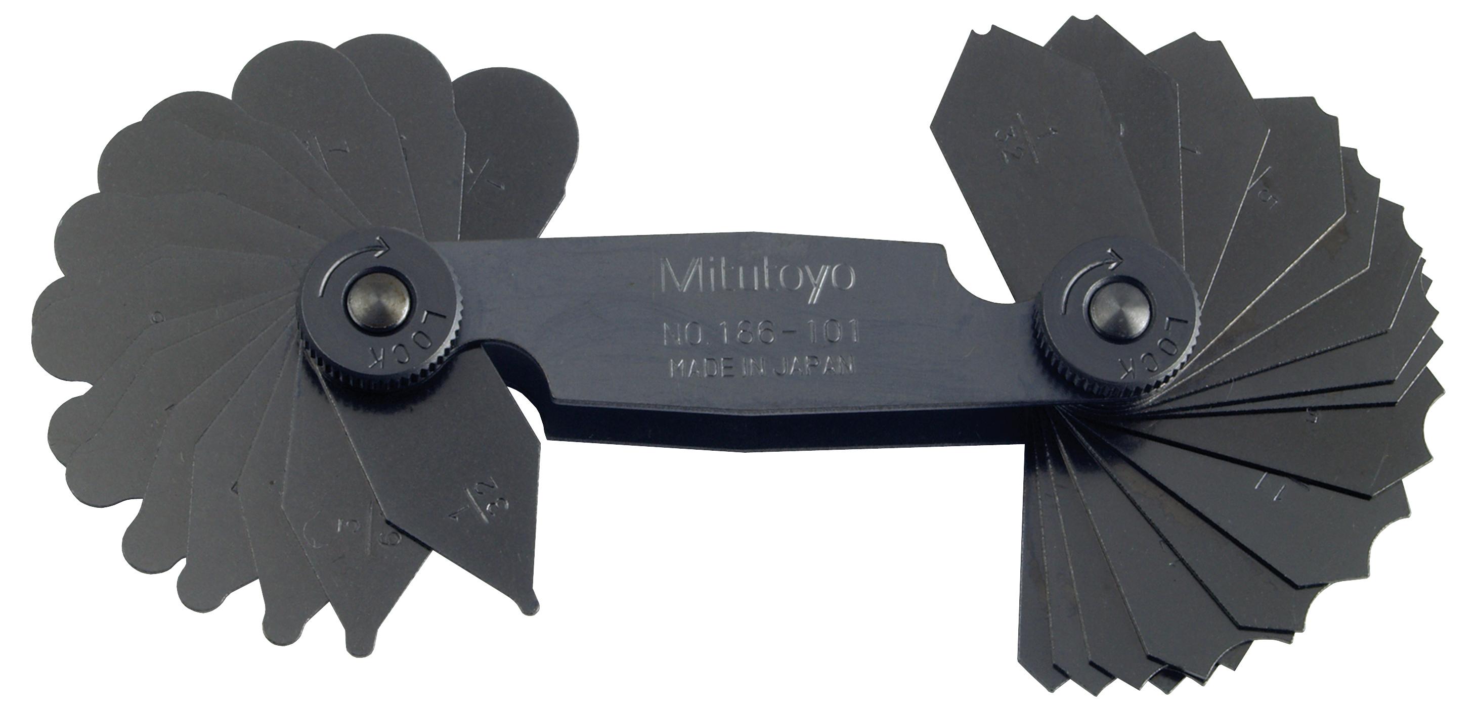 Mitutoyo, 186-101, 1/32-1/4 In, Concave/Convex Radius Gage Set, 15 Pairs of Leaves (1/32 In to 1/4 In by 64ths), Locking Clamp