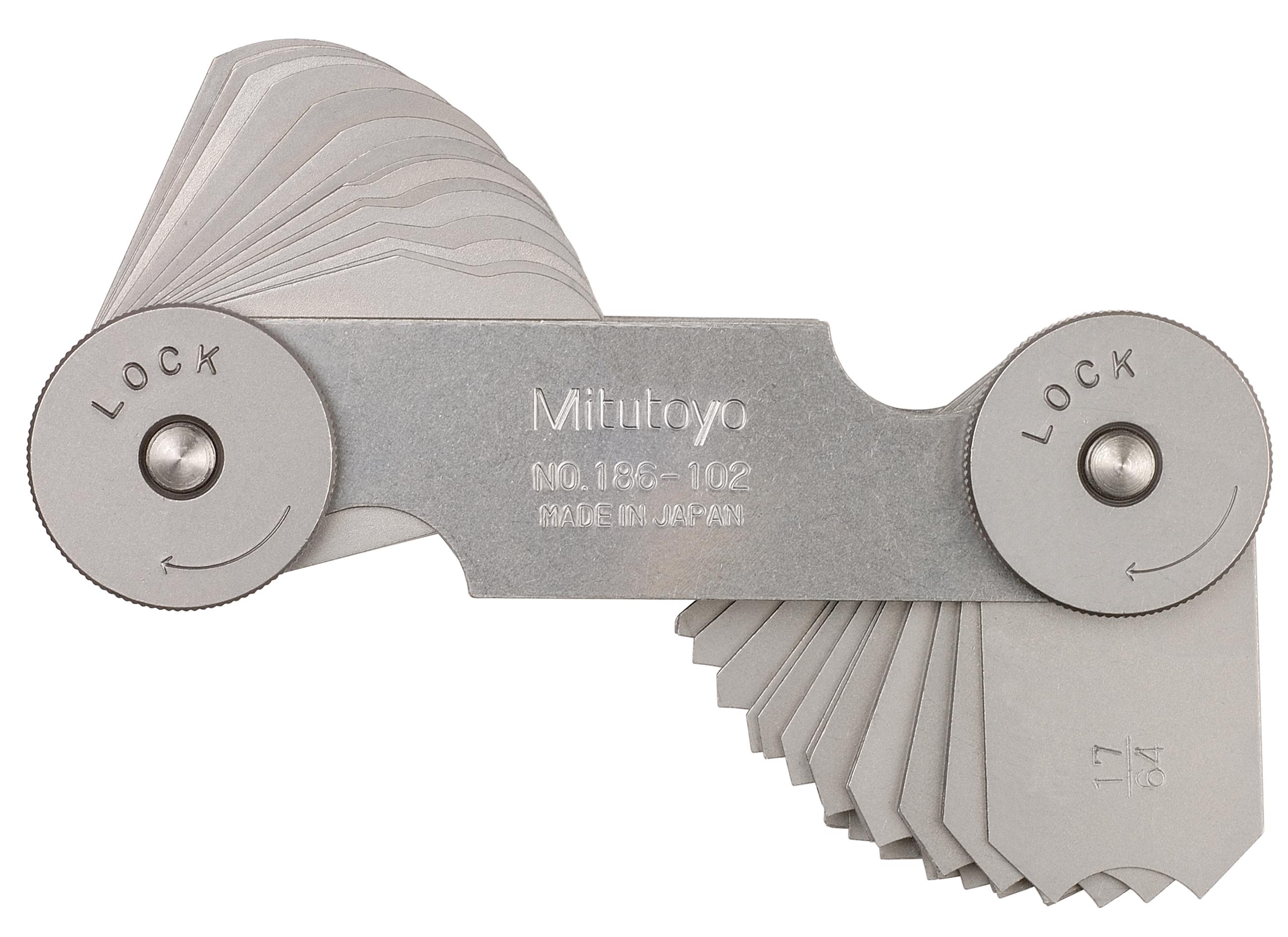 Mitutoyo, 186-102, 17/64-1/2 In, Concave/Convex Radius Gage Set, 16 Pairs of Leaves (17/64 In to 1/2 In by 64ths), Locking Clamp