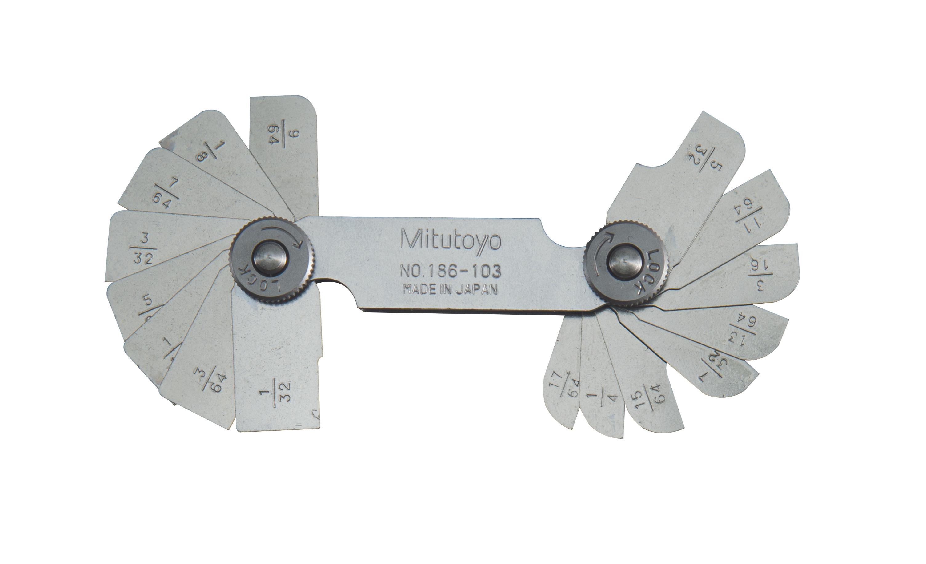 Mitutoyo, 186-103, 1/32-17/64 In, Concave/Convex Radius Gage Set, 16 Pairs of Leaves (1/32 In to 17/64 In by 64ths), Locking Clamp