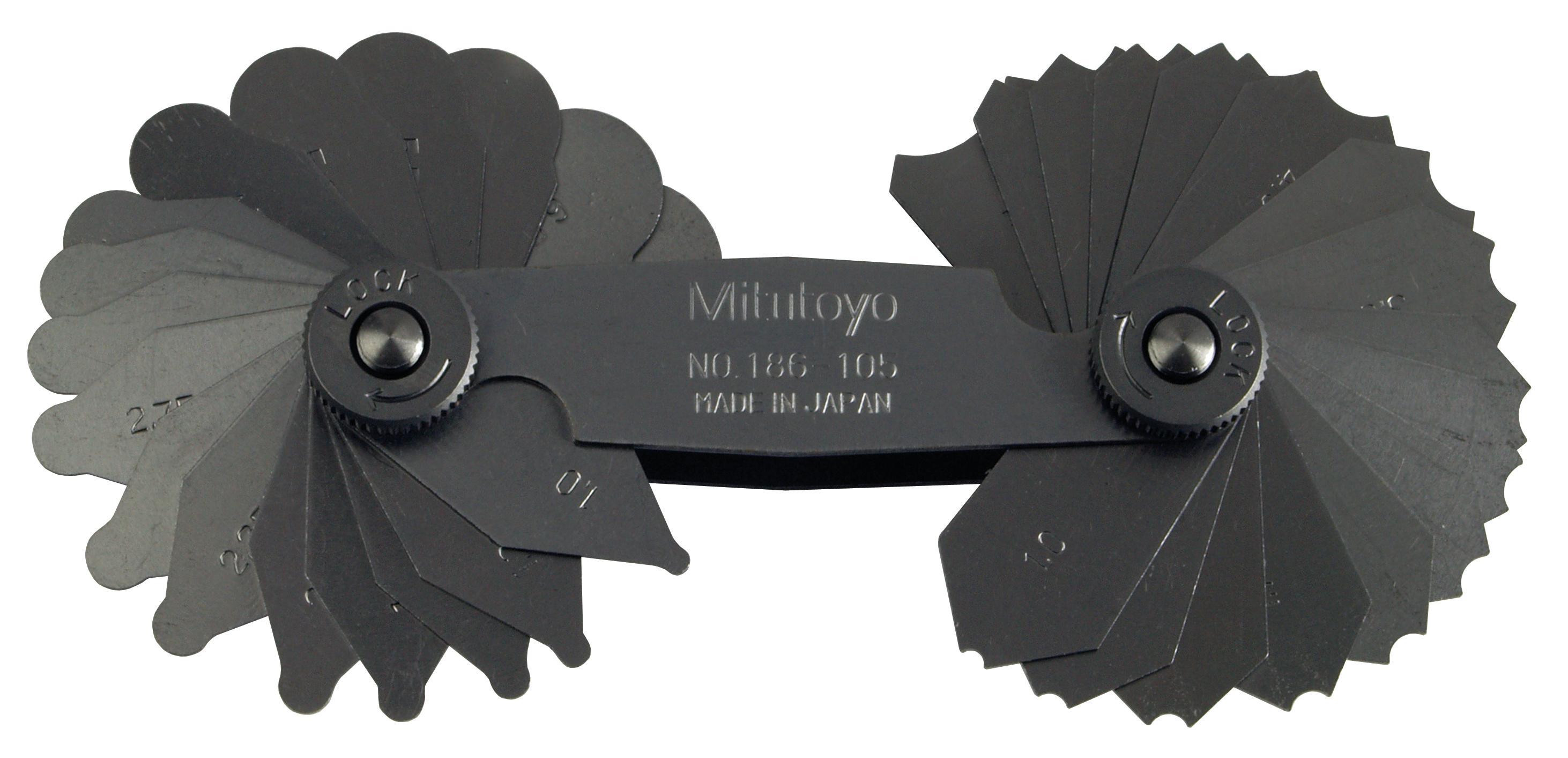 Mitutoyo, 186-105, 1-7mm, Concave/Convex Radius Gage Set, 34 Pairs of Leaves (1mm to 3mm by 0.25mm, 3.5mm to 7mm by 0.5mm), Locking Clamp