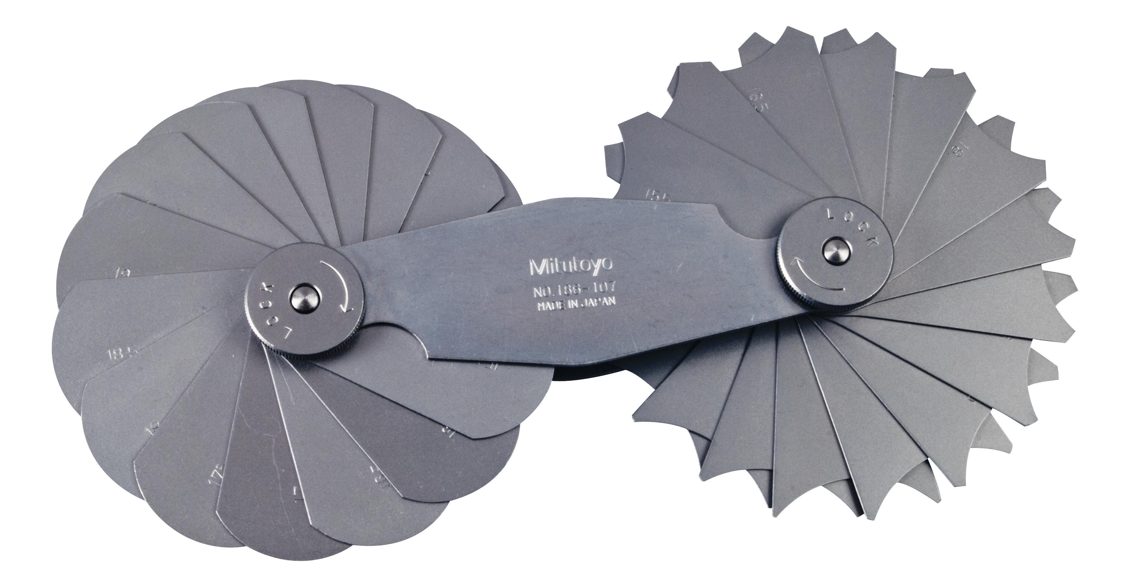 Mitutoyo, 186-107, 15.5-25mm, Concave/Convex Radius Gage Set, 15 Pairs of Leaves (15.5 to 20mm by 0.5mm, 21 to 25mm by 1mm), Locking Clamp