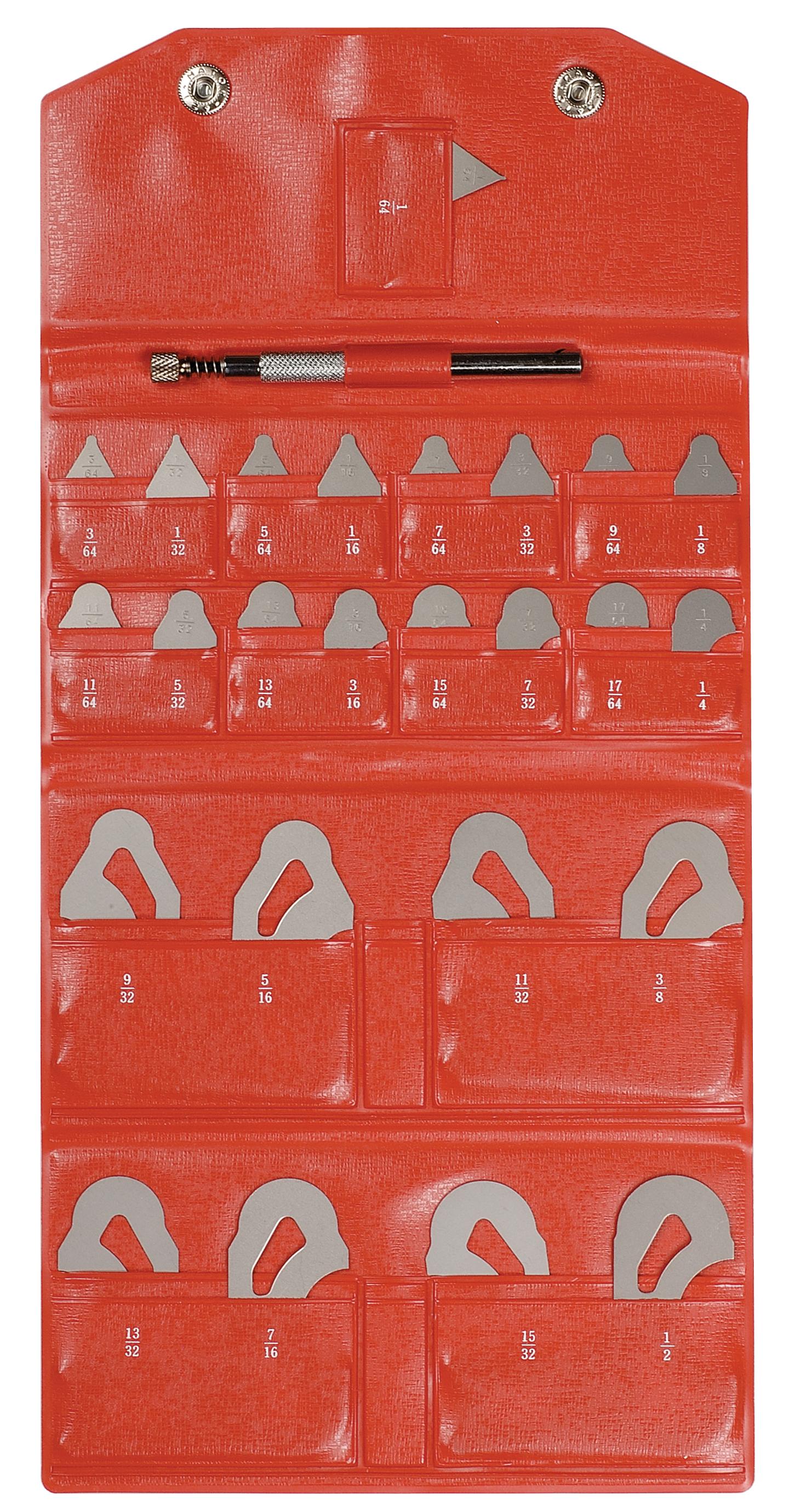 Mitutoyo, 186-901, 1/64-1/2 In, Concave/Convex Radius Gage Set, 25 Leaves (1/64 In to 17/64 In by 64ths, 9/32 In to 1/2 In by 32nds), With Holder