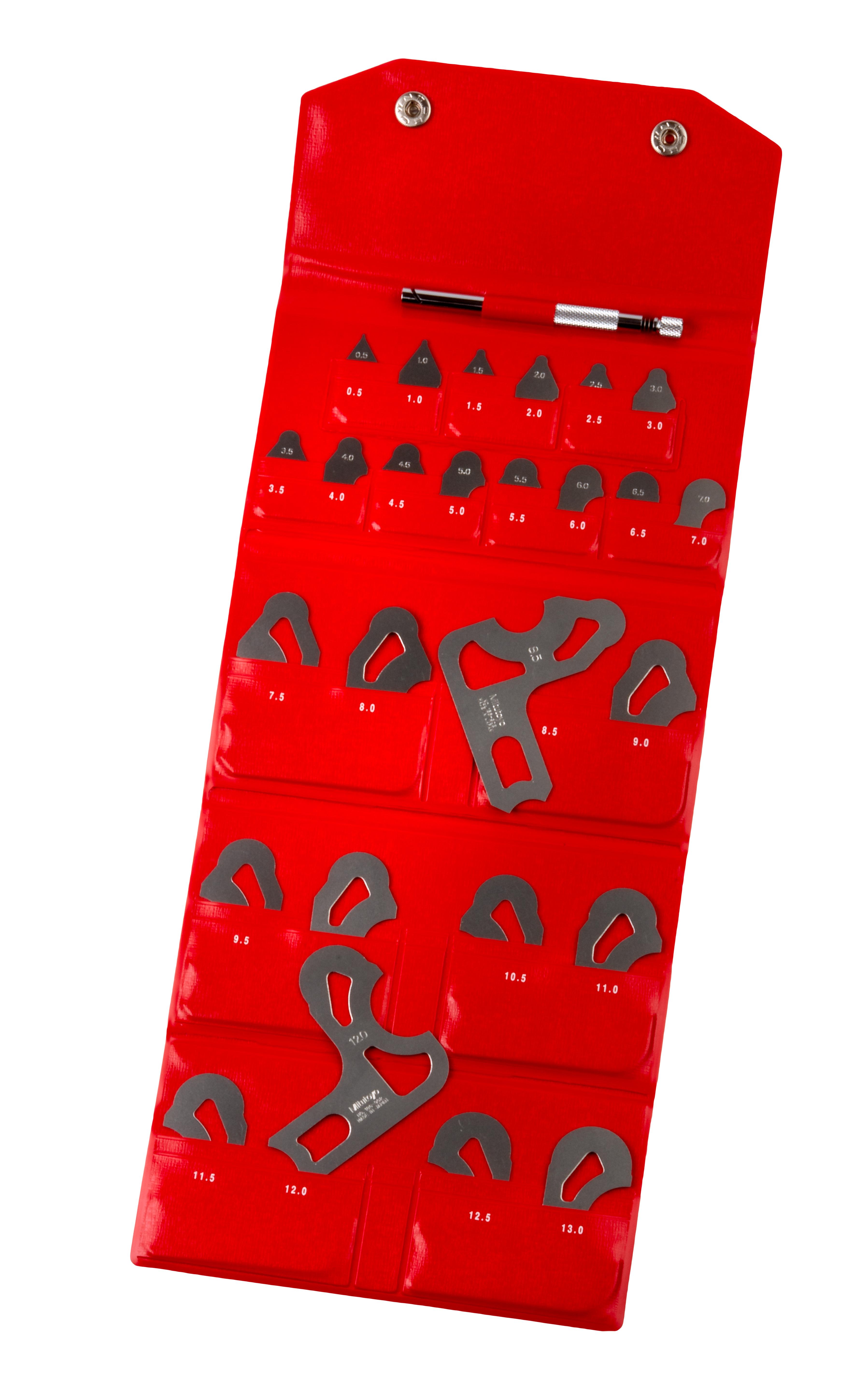 Mitutoyo, 186-902, 0.4-6mm, Concave/Convex Radius Gage Set, 26 Pairs of Leaves ( 0.5 to 13mm by 0.5mm), Locking Clamp