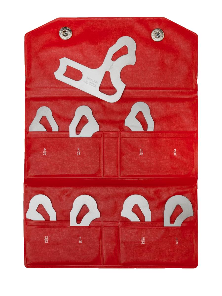 Mitutoyo, 186-904, 9/32-1/2 In, Concave/Convex Radius Gage Set, 8 Leaves (9/32 In to 1/2 In by 32nds)