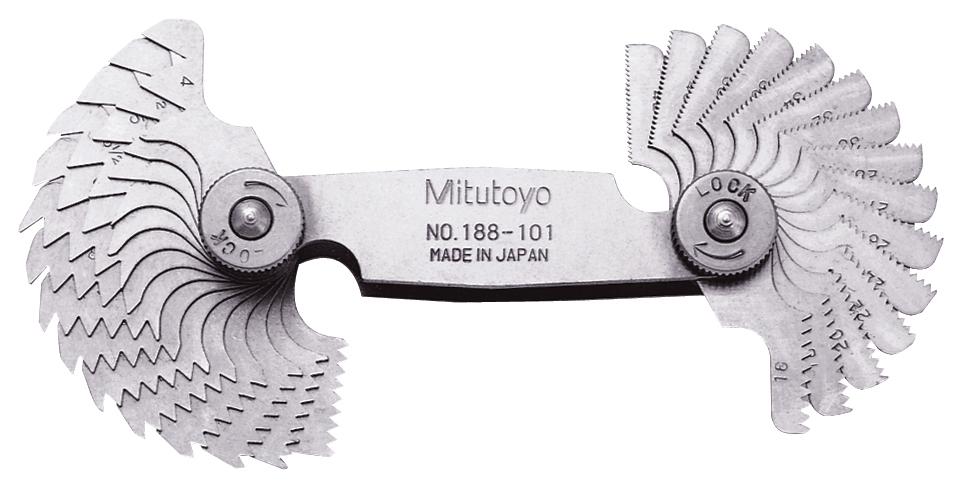 Mitutoyo, 188-101, 4-42 TPI, 55 Degrees, Screw Pitch Gage Set, 30 Leaves (4, 4.5, 5, 5.5, 6-11, 11.5, 12-16, 18, 20, 22, 24, 26, 27, 28, 30, 32, 34,
36, 38, 40, 42 TPI)