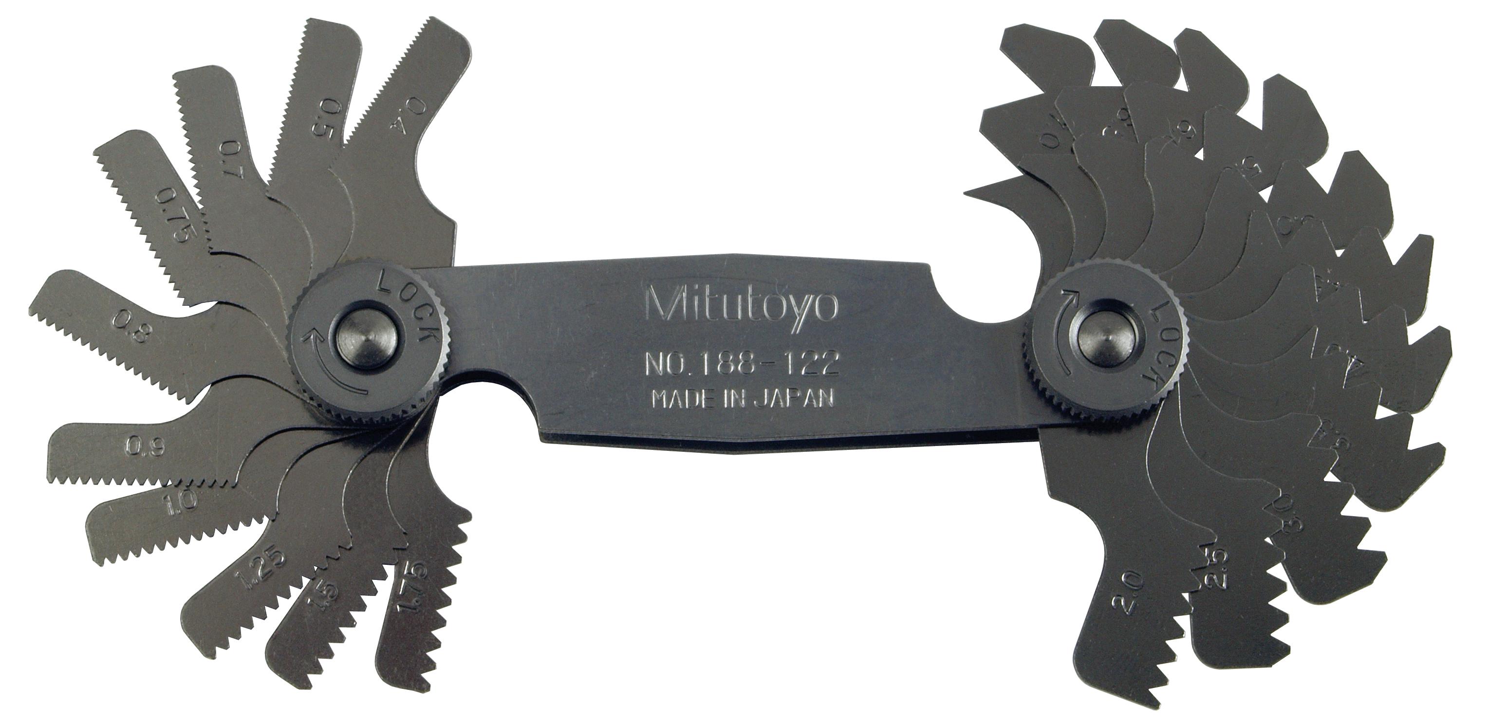 Mitutoyo, 188-122, 0.4-7mm, 60 Degrees, Screw Pitch Gage Set, 21 Leaves (0.4, 0.5, 0.7, 0.75, 0.8, 0.9, 1, 1.25, 1.5, 1.75, 2-7 by 0.5mm) 