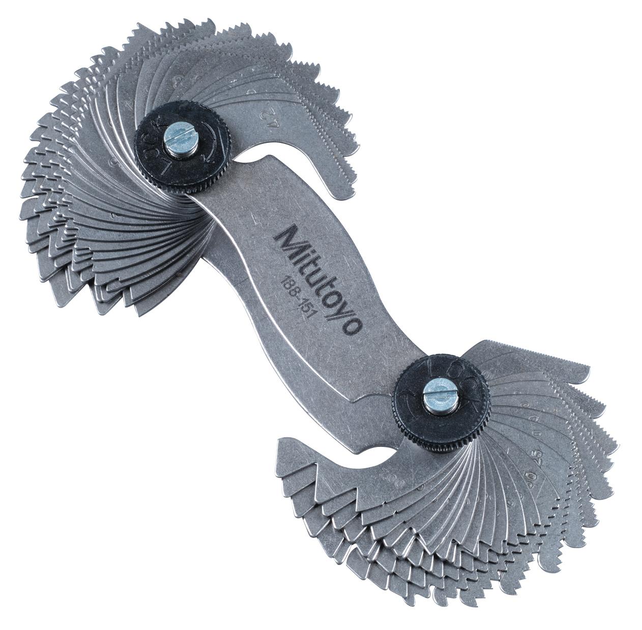 Mitutoyo, 188-151, 4-42 TPI/0.4-7mm, 60 Degrees, Screw Pitch Gage Set, 51 Leaves (4, 4.5, 5, 5.5, 6-11, 11.5, 12-16, 18, 20, 22, 24, 26, 27, 28, 30, 32, 34,
36, 38, 40, 42 TPI) (0.4, 0.5, 0.7, 0.75, 0.8, 0.9, 1, 1.25, 1.5, 1.75, 2-7 by 0.5mm) 